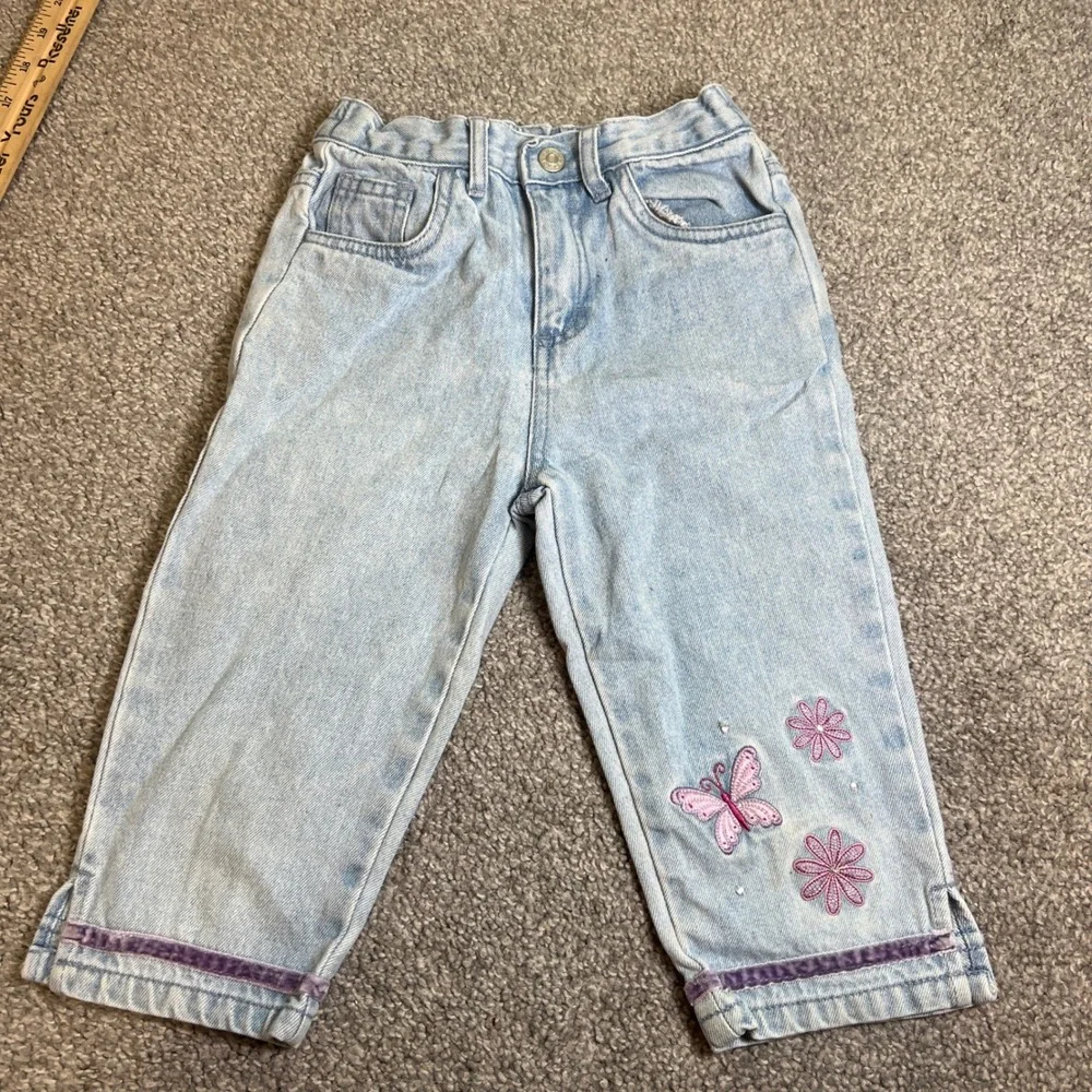 vtg Butterfly Floral Jeans Girls 6 Light Wash Embroidered Velvet Trim Y2K 90s